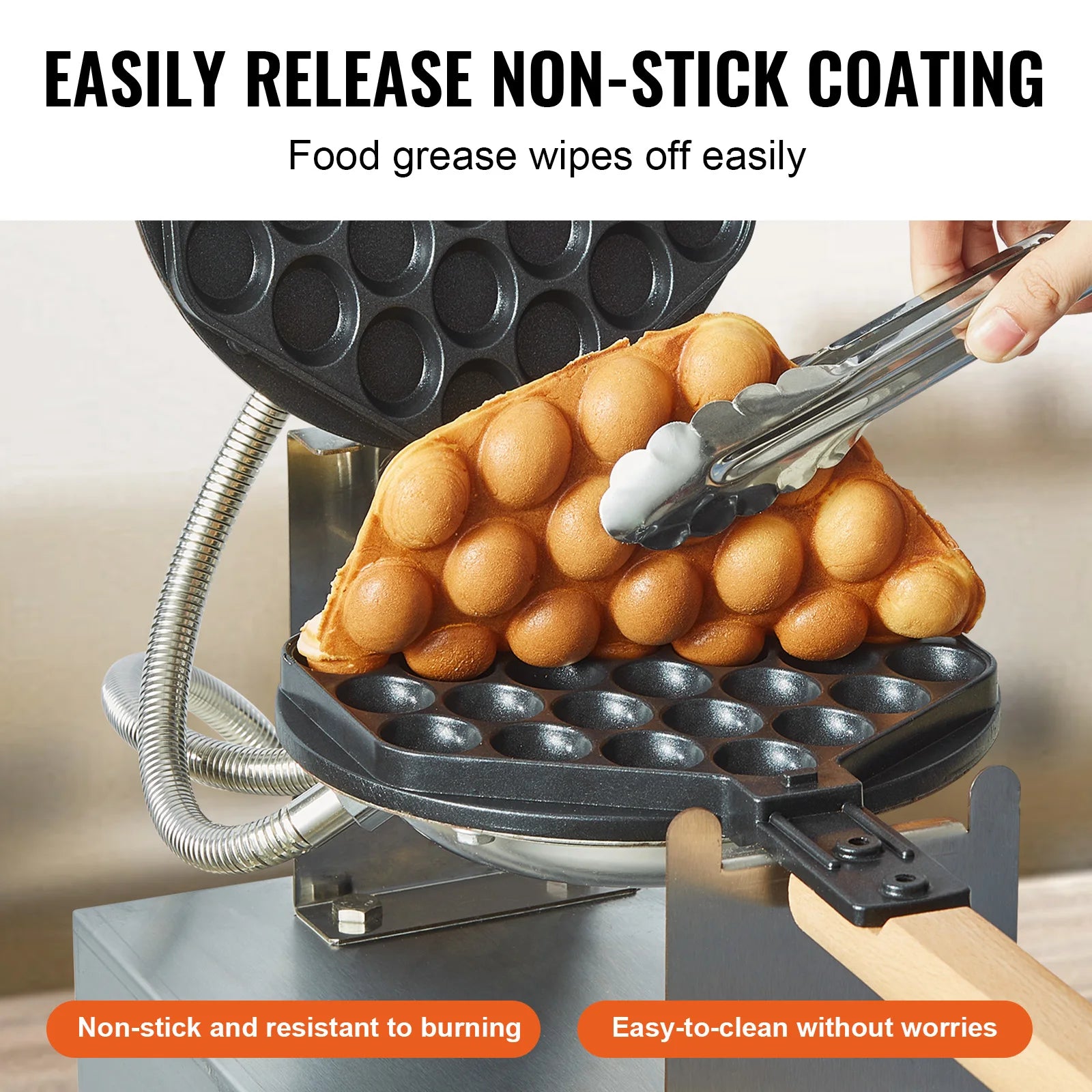 Commercial Egg Bubble Waffle Maker 1400W Non-Stick Stainless Steel w/180° Rotatable 2 Pans & Wooden Handles