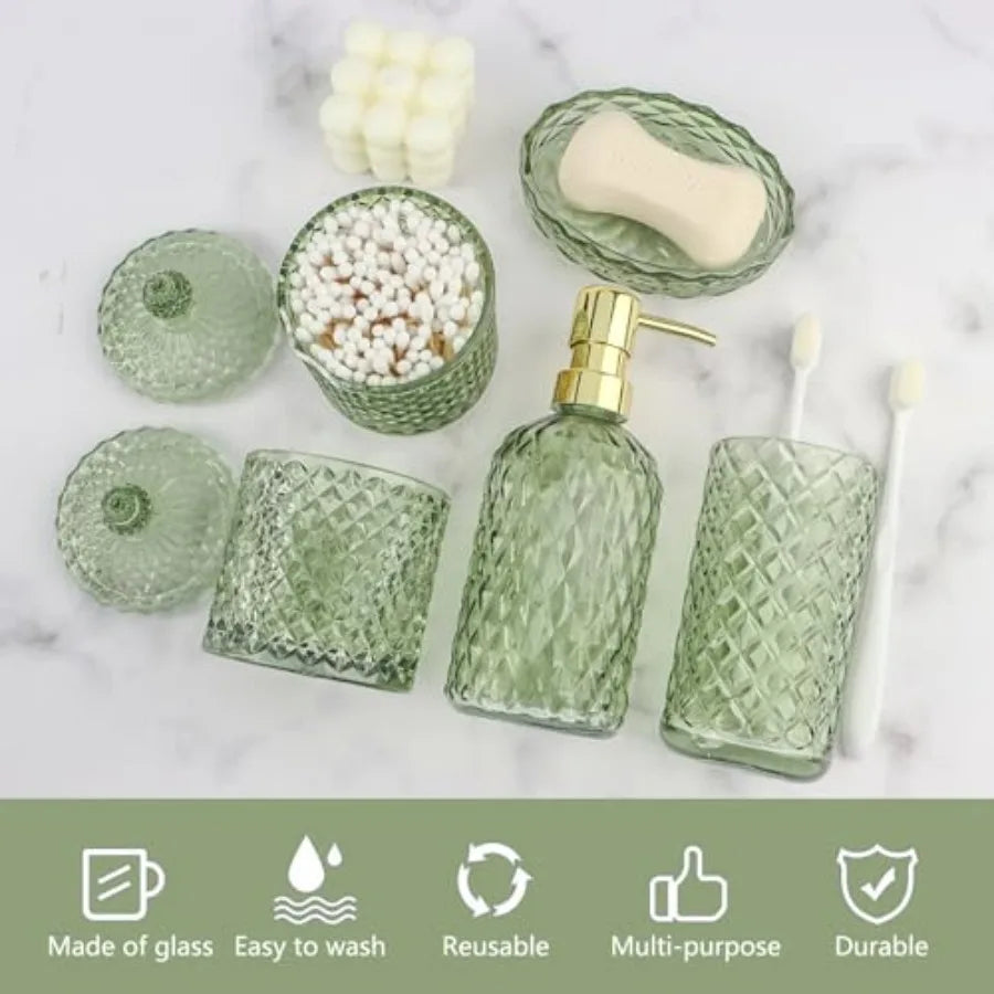 5Pcs Green Vintage Glass Bathroom Accessories Set