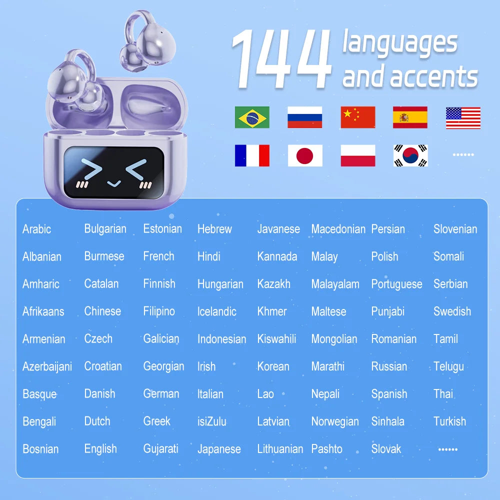 Touch Screen Wireless Bluetooth Earphone 144 Languages Real-Time Translation Headphones HiFi Audio Earbuds