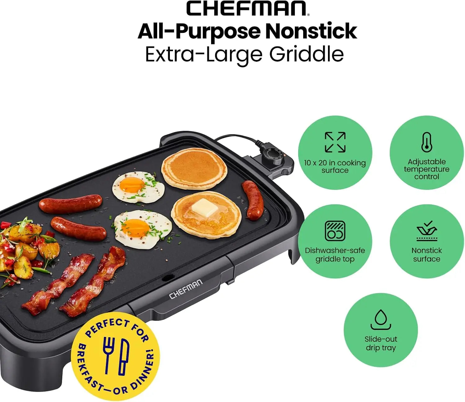 Electric Griddle with Removable Temperature Control, Nonstick 10 x 20 Inch Flat Top Grill, Slide Out Drip Tray,