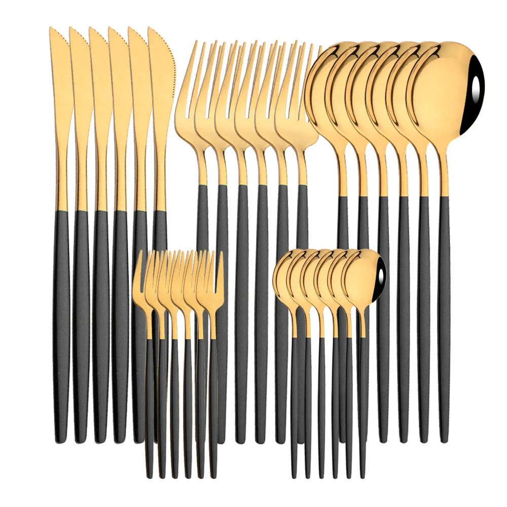 30Pcs Stainless Steel Dinner Black Gold Tableware Set