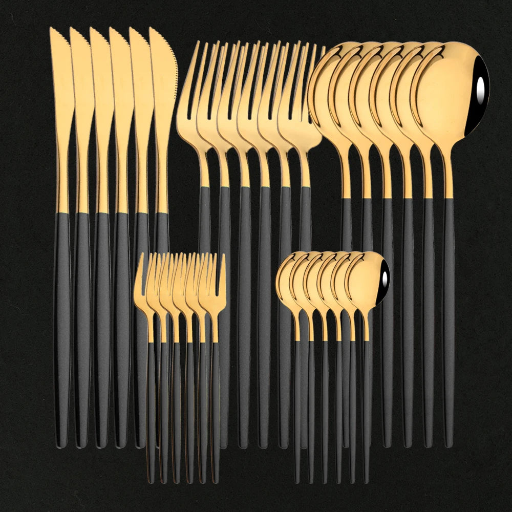 30Pcs Stainless Steel Dinner Black Gold Tableware Set