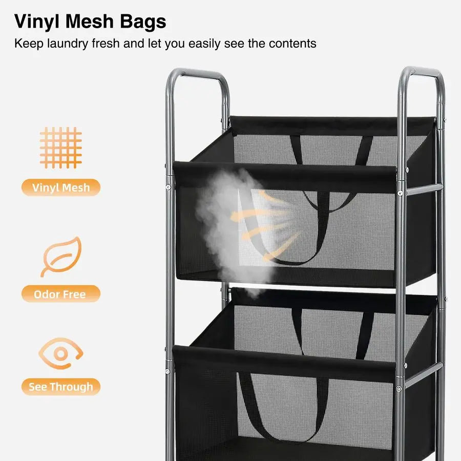 3Tier Vertical Rolling Stackable Laundry Hamper & Sorter with Removable Bags on Wheels