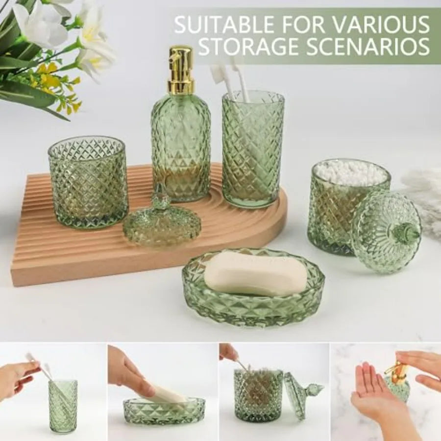 5Pcs Green Vintage Glass Bathroom Accessories Set