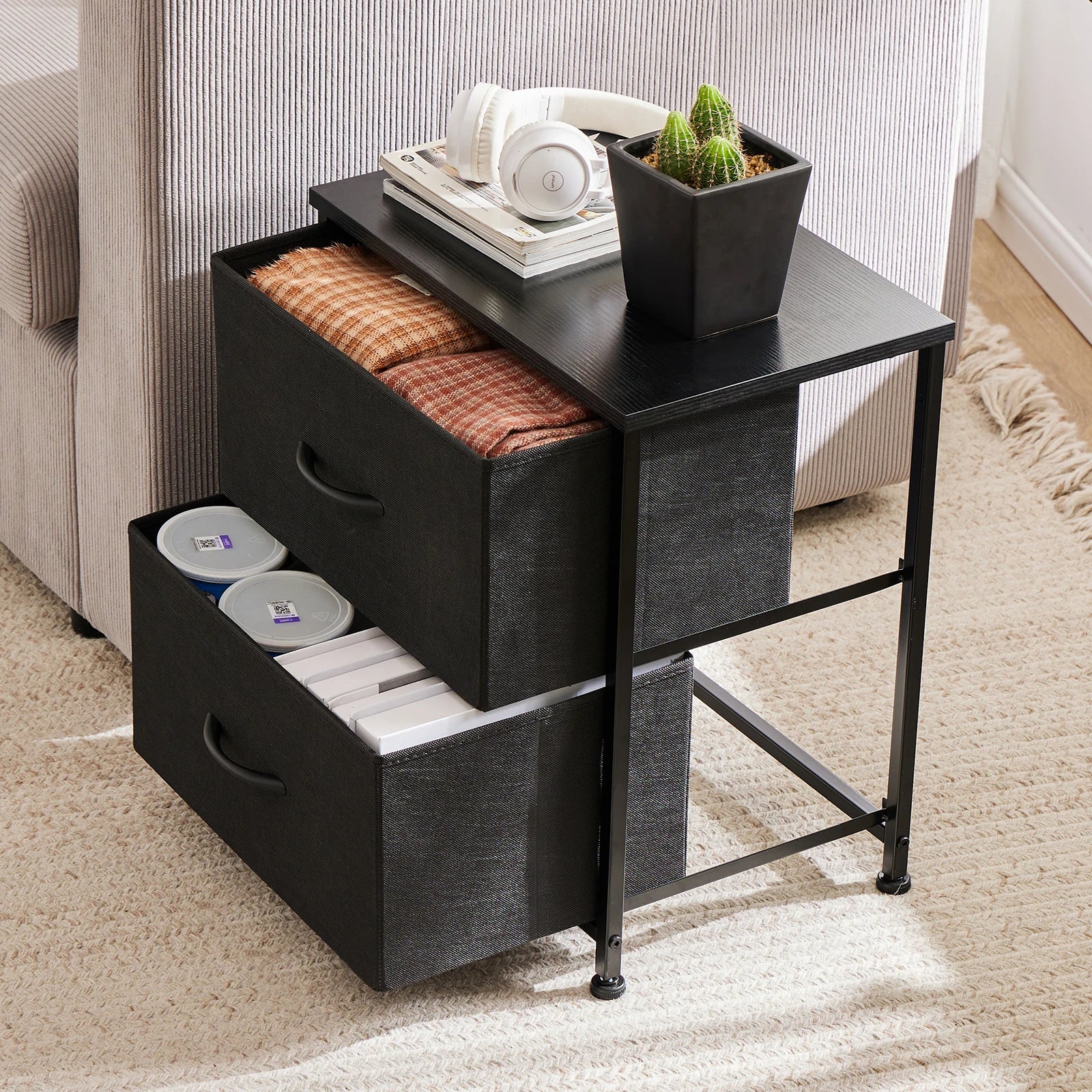 Bedside Nightstand Featuring 2 Fabric Drawers Cabinet Furniture