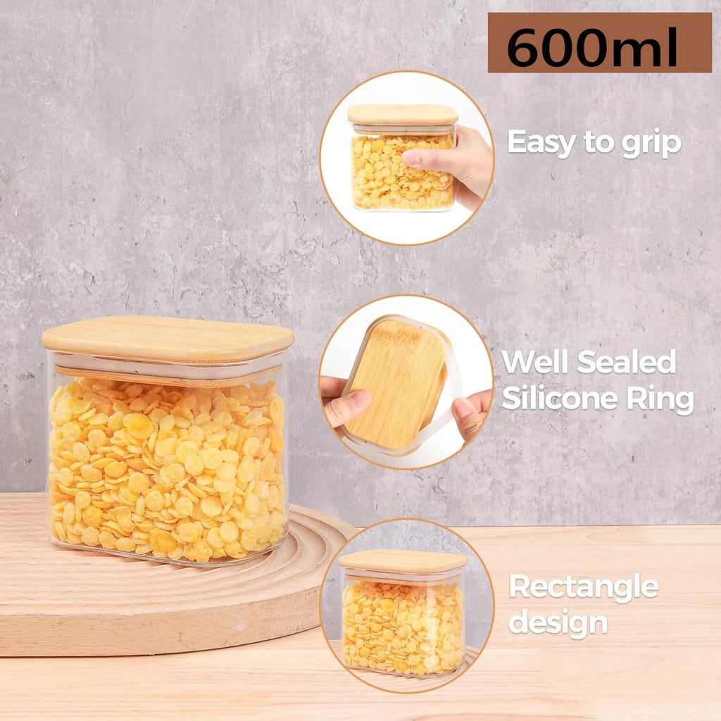 Rectangle Clear Storage Jars with Bamboo Lids Multi-Food Pantry Organizer Containers - Lovies Kitchenwares