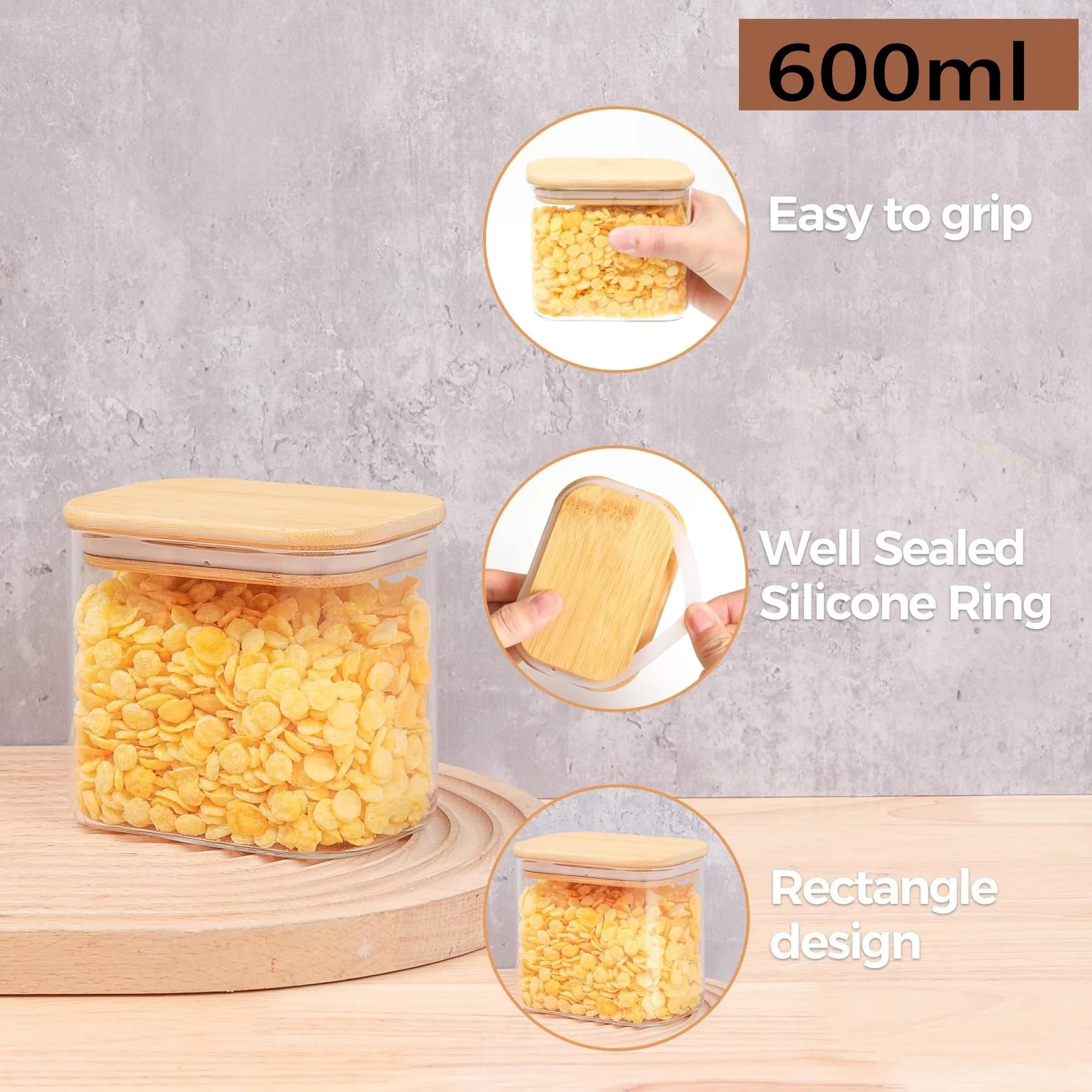 Rectangle Clear Storage Jars with Bamboo Lids Multi-Food Pantry Organizer Containers - Lovies Kitchenwares