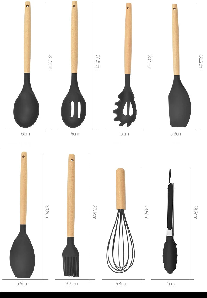 12PCS Silicon Non-Stick Cookware Kitchenware Utensil Set with Wooden Handles