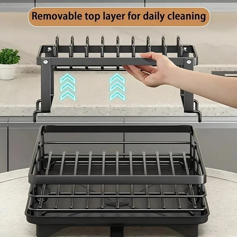 Double-Tier Extendable Dish Drainer With Large-Capacity Utensil Rack & Draining Board for Kitchen Worktops