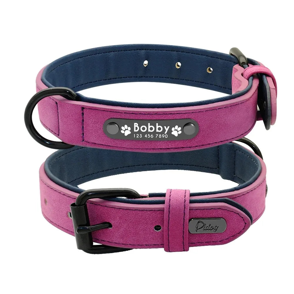 Personalized Name ID Tags Leather Dog Collars Custom Text Name