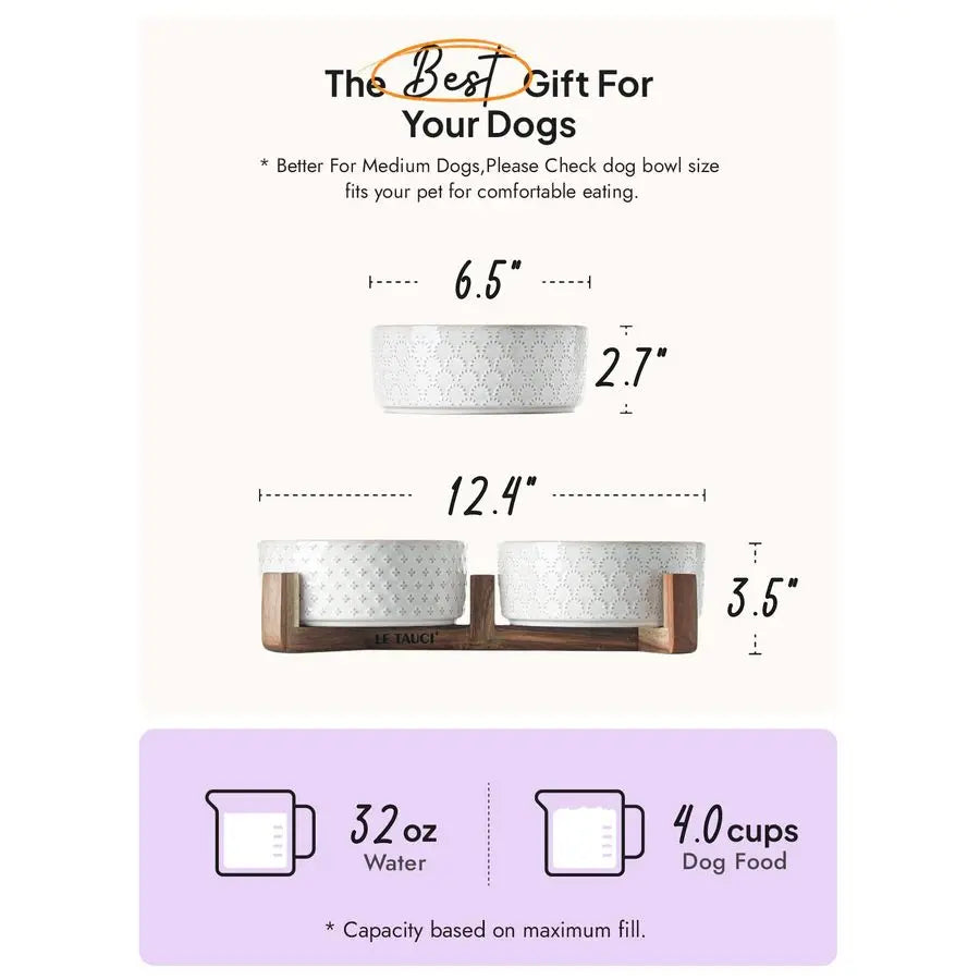 Nonslip Anti-Tip Pet Ceramic Dual Food & Water Bowls with Elevated Wood Stand