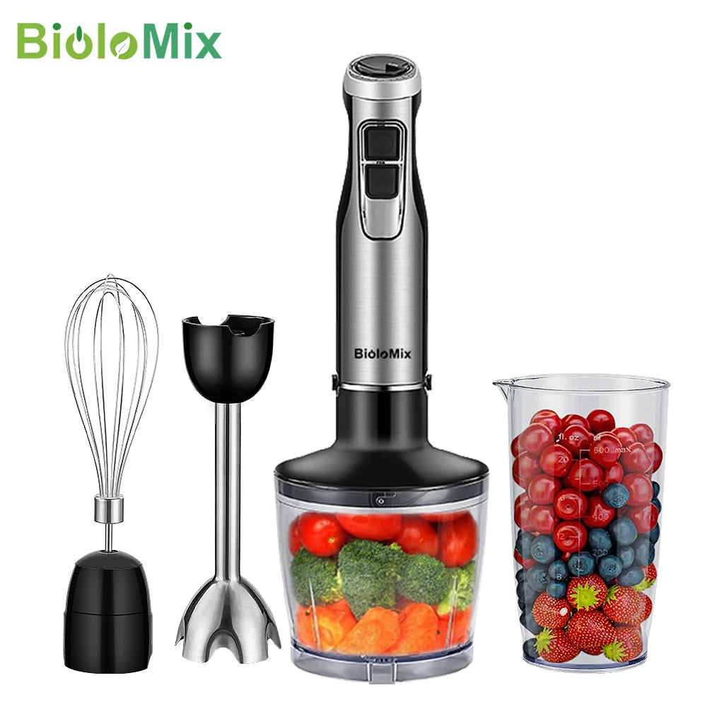 BioloMix 4 in 1 High Power Hand Immersion Stick With Chopper & Smoothie Cup & Stainless Steel Ice Blades