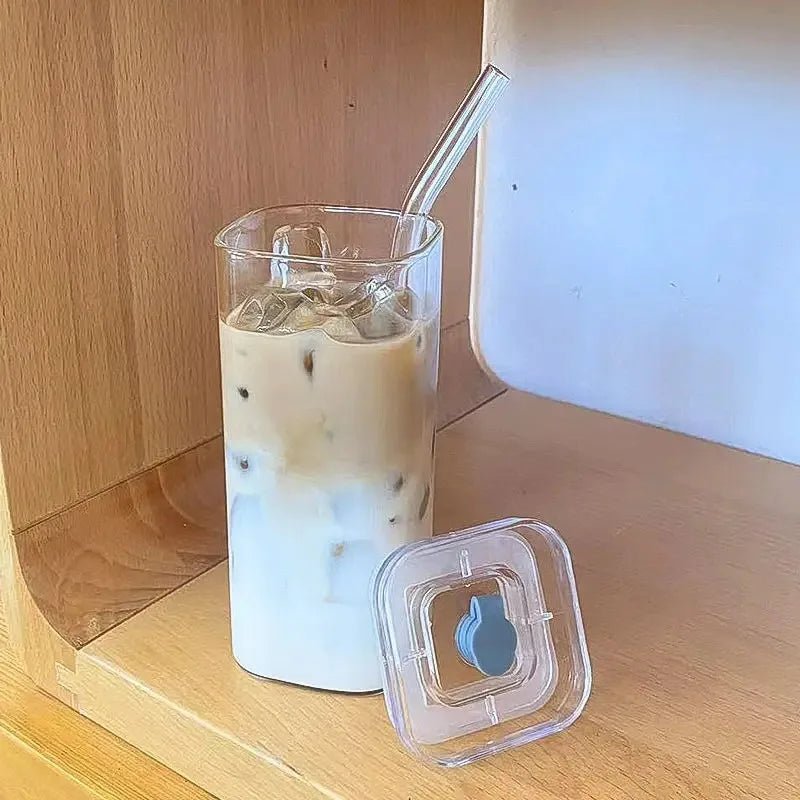 1 or 2 Pcs Transparent Square Heat-Resistant Drink Glass Cup With Lid and Straw - Lovies Kitchenwares