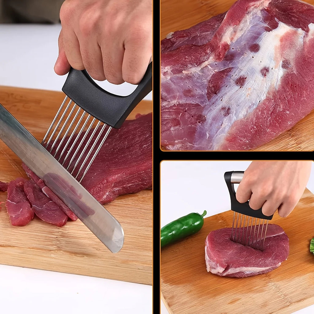 1pc Stainless Steel Multi-Purpose Onion Slicer Holder & Meat Tenderizers With Full Grip Handle