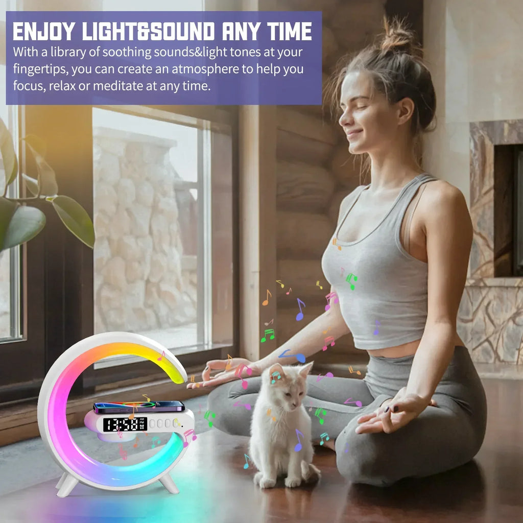Multifunction Mini Wireless Charger Stand & Docking Station  Red, Green, & Blue Light Alarm Clock Speaker
