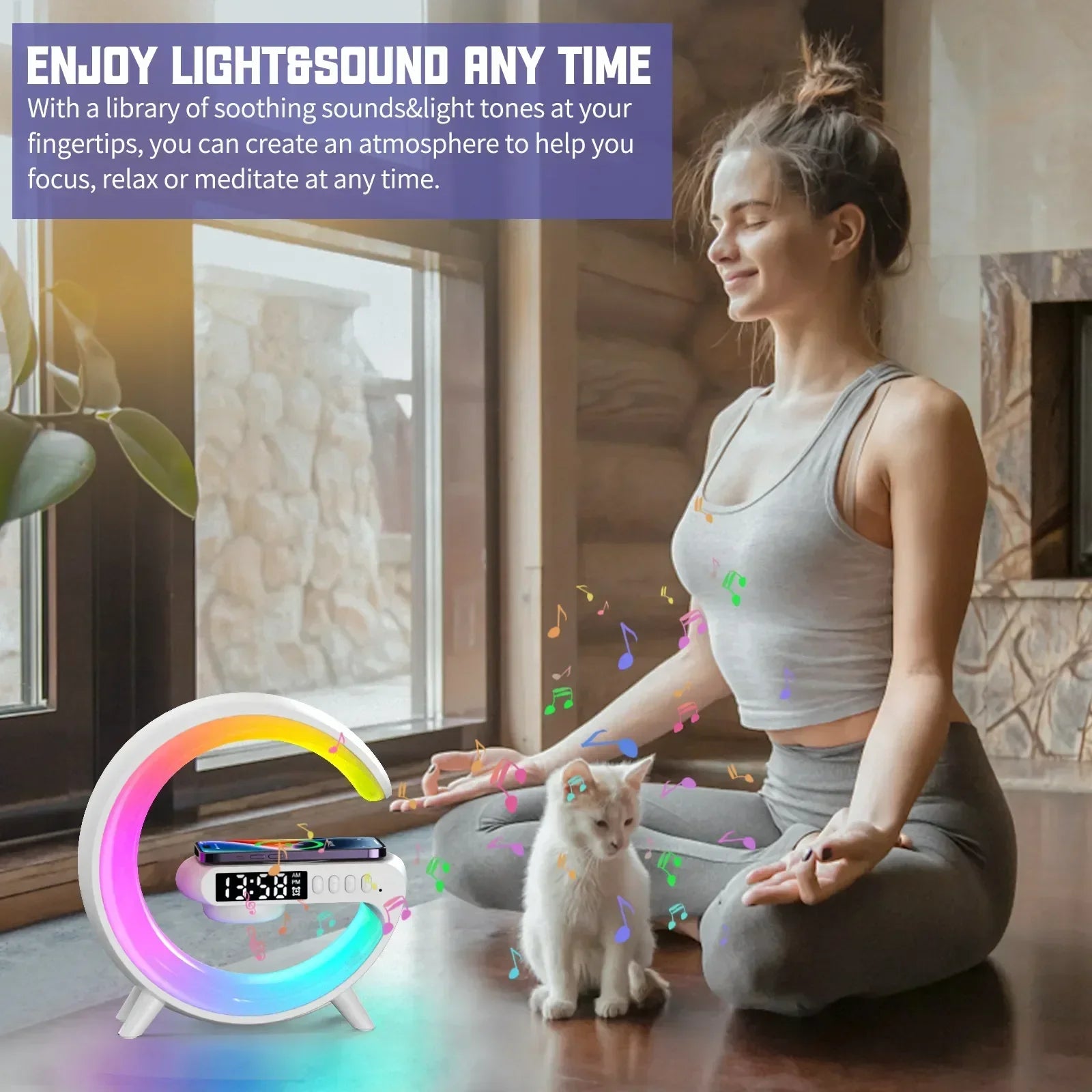 Multifunction Mini Wireless Charger Stand & Docking Station  Red, Green, & Blue Light Alarm Clock Speaker