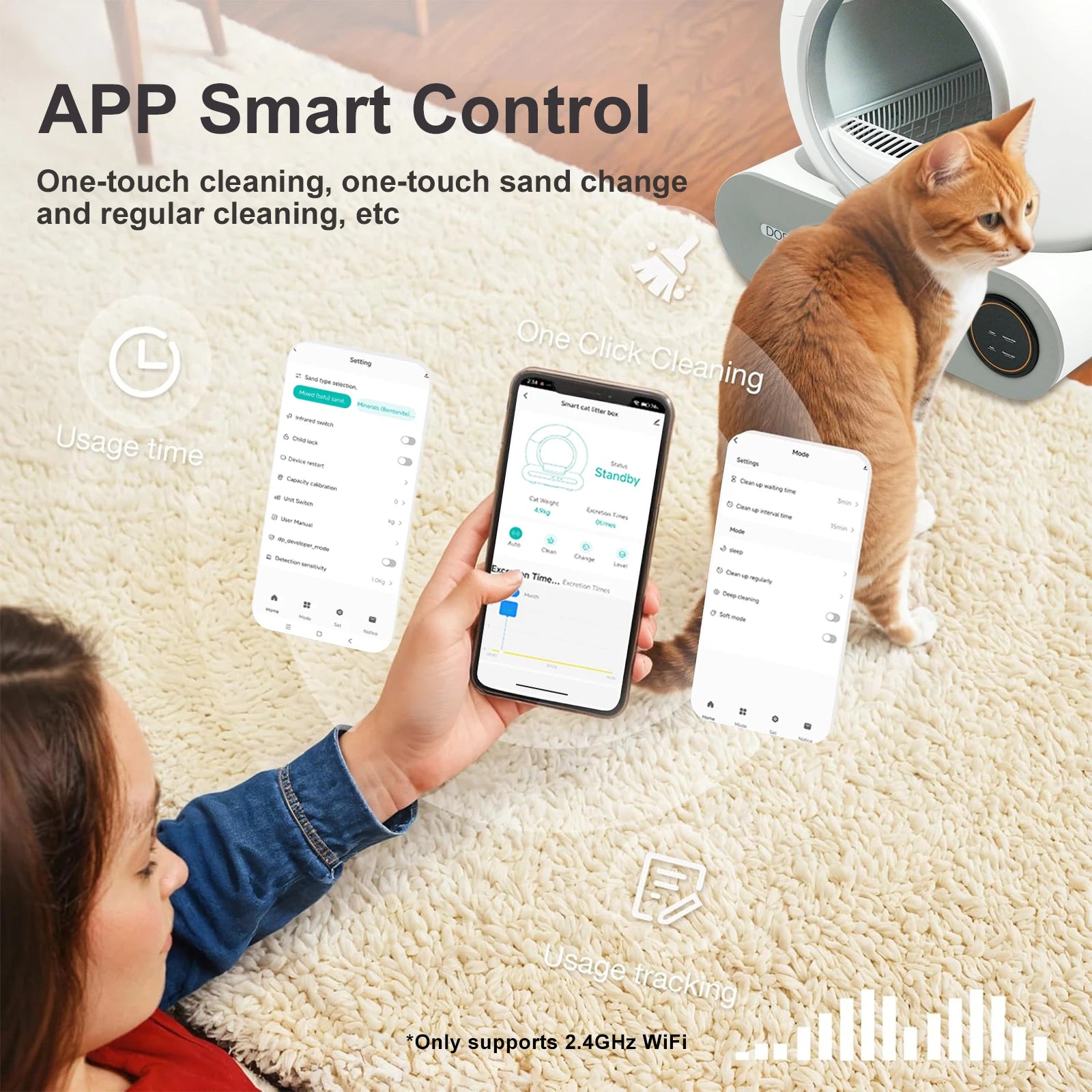 2.4G WiFi Smart Cat Toilet App Control & Automatic Self Cleaning Cat Litter Box With Trash Bag