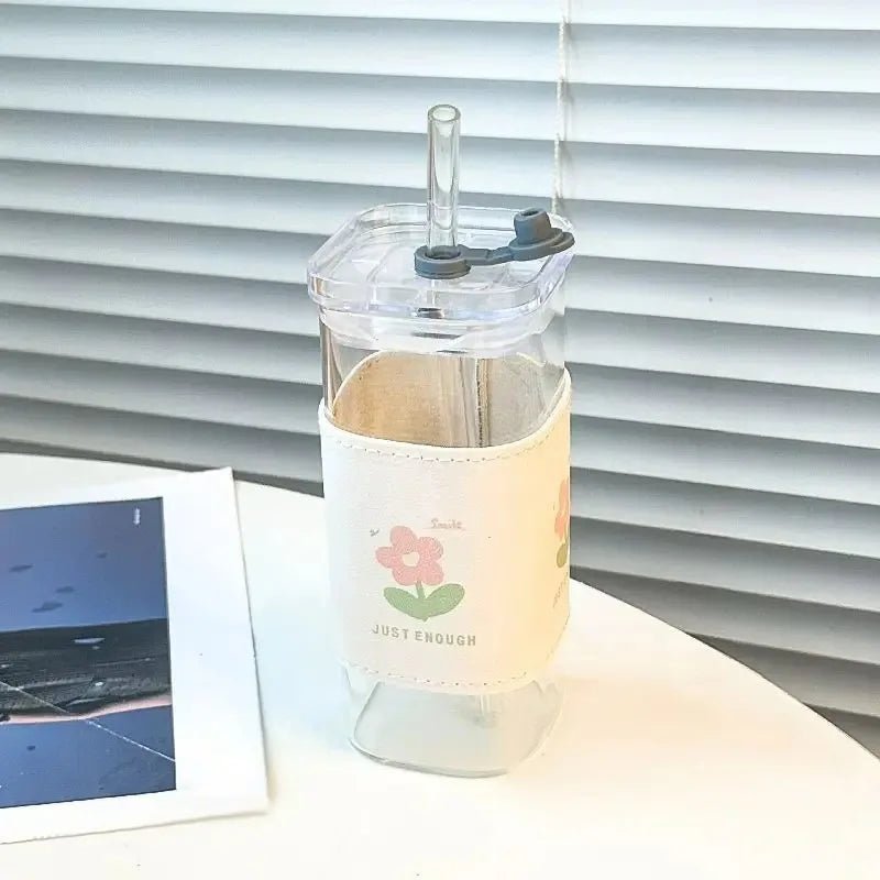 1 or 2 Pcs Transparent Square Heat-Resistant Drink Glass Cup With Lid and Straw - Lovies Kitchenwares