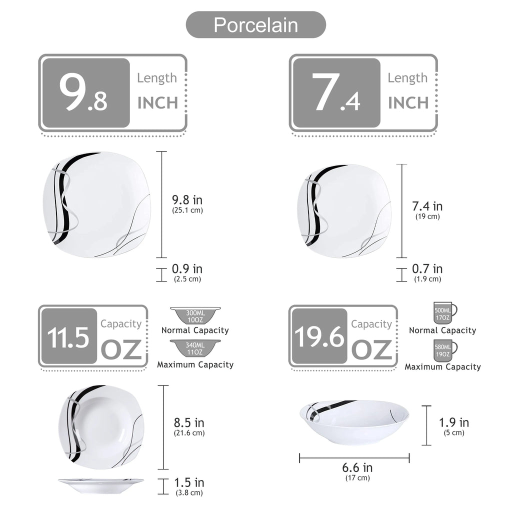 18/36-Piece Porcelain Ceramic Black Line Kitchen Tableware Dish Set with Dinner, Dessert, and Soup Bowl