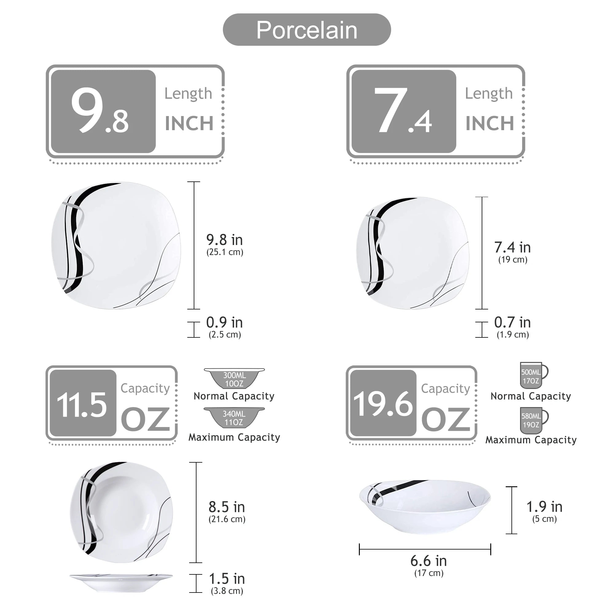 18/36-Piece Porcelain Ceramic Black Line Kitchen Tableware Dish Set with Dinner, Dessert, and Soup Bowl