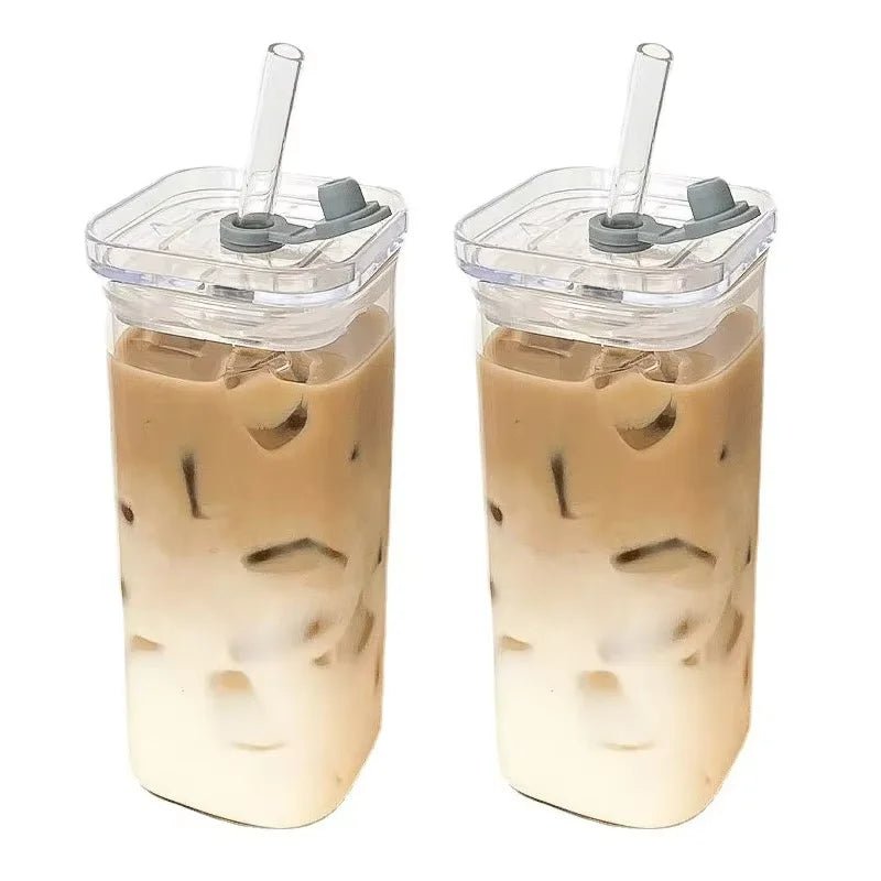 1 or 2 Pcs Transparent Square Heat-Resistant Drink Glass Cup With Lid and Straw - Lovies Kitchenwares