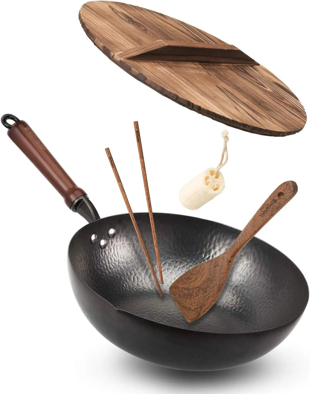 12.5" Carbon Steel Wok Pan with Lid, Flat Bottom for All Stoves, Stir Fry Cookware Accessories