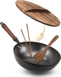 12.5" Carbon Steel Wok Pan with Lid, Flat Bottom for All Stoves, Stir Fry Cookware Accessories