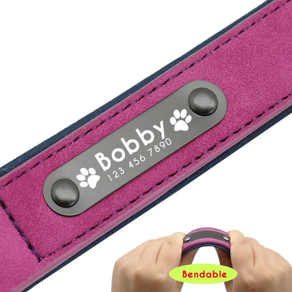 Personalized Name ID Tags Leather Dog Collars Custom Text Name