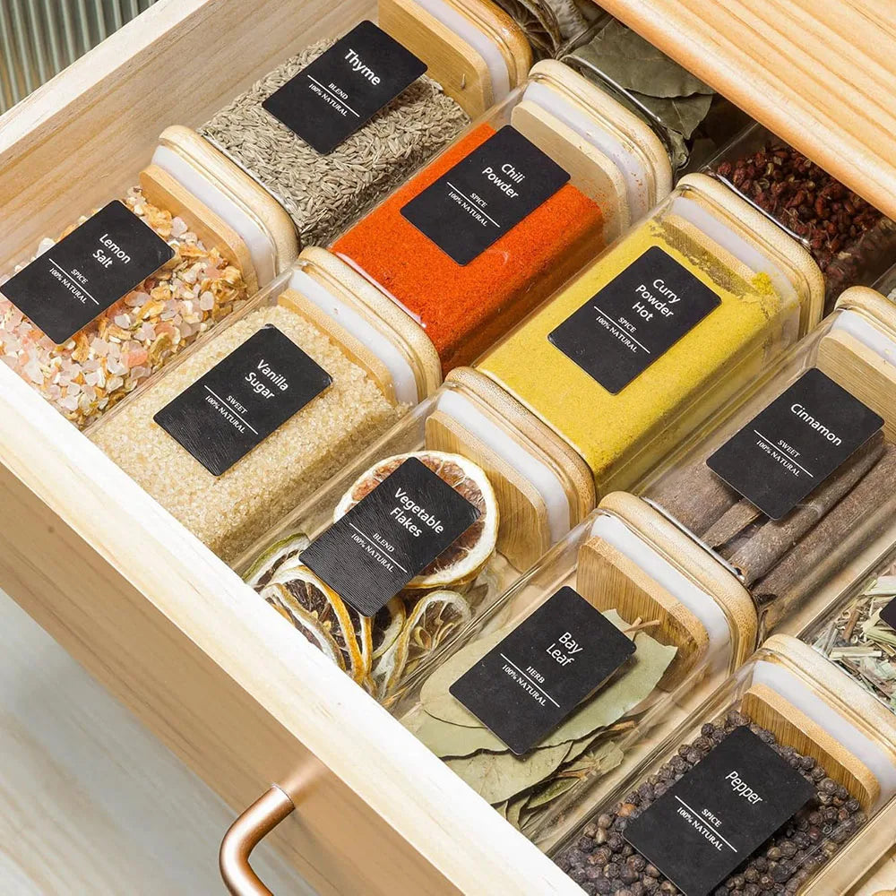8oz Airtight Favorite Spice Glass Jars with Bamboo Lid & Black Labels