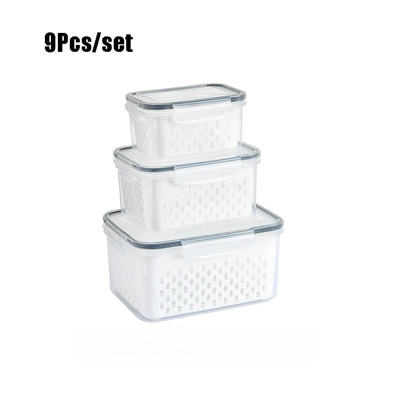 9Pcs/set Fruit and Vegetable Storage Containers for Fridge with Removable Colander, All-In-One Fruit Washing Bowl with Strainer - Lovies Kitchenwares