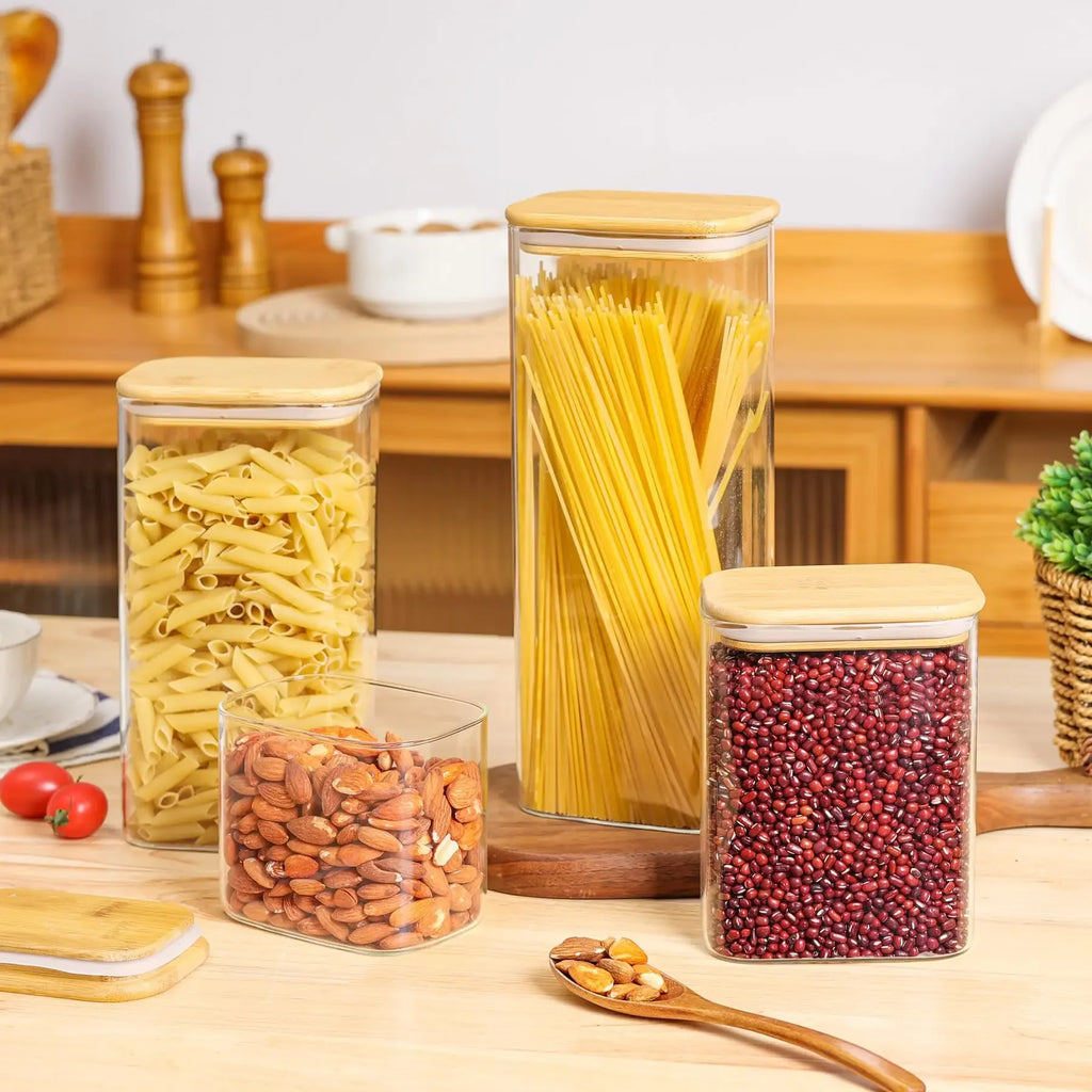 Rectangle Clear Storage Jars with Bamboo Lids Multi-Food Pantry Organizer Containers - Lovies Kitchenwares