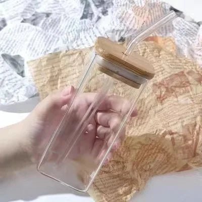 1 or 2 Pcs Transparent Square Heat-Resistant Drink Glass Cup With Lid and Straw - Lovies Kitchenwares