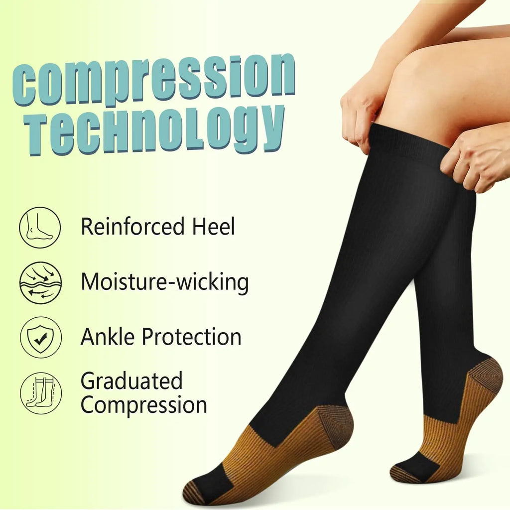 6 Pairs Solid Color Black Copper Compression Socks