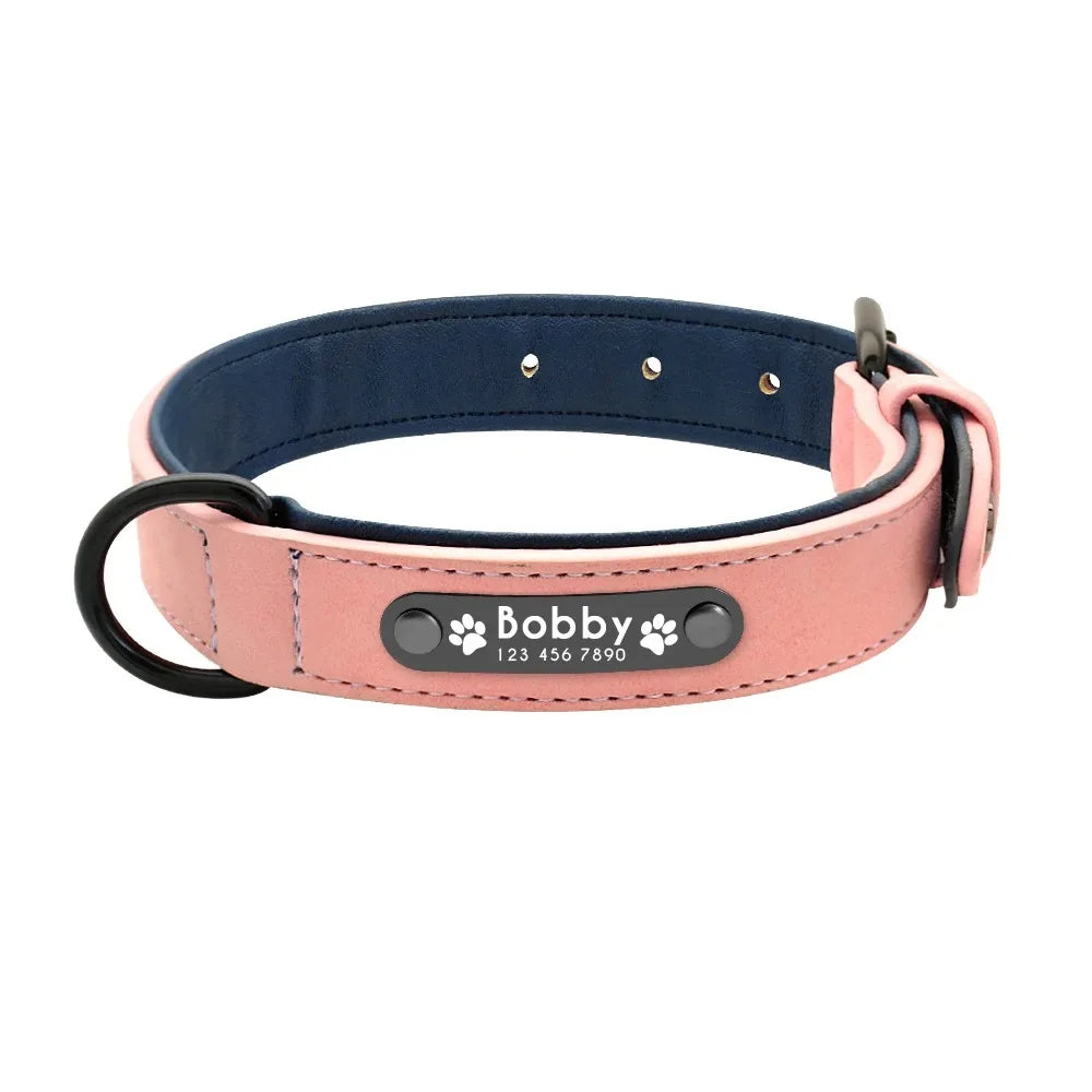 Personalized Name ID Tags Leather Dog Collars Custom Text Name