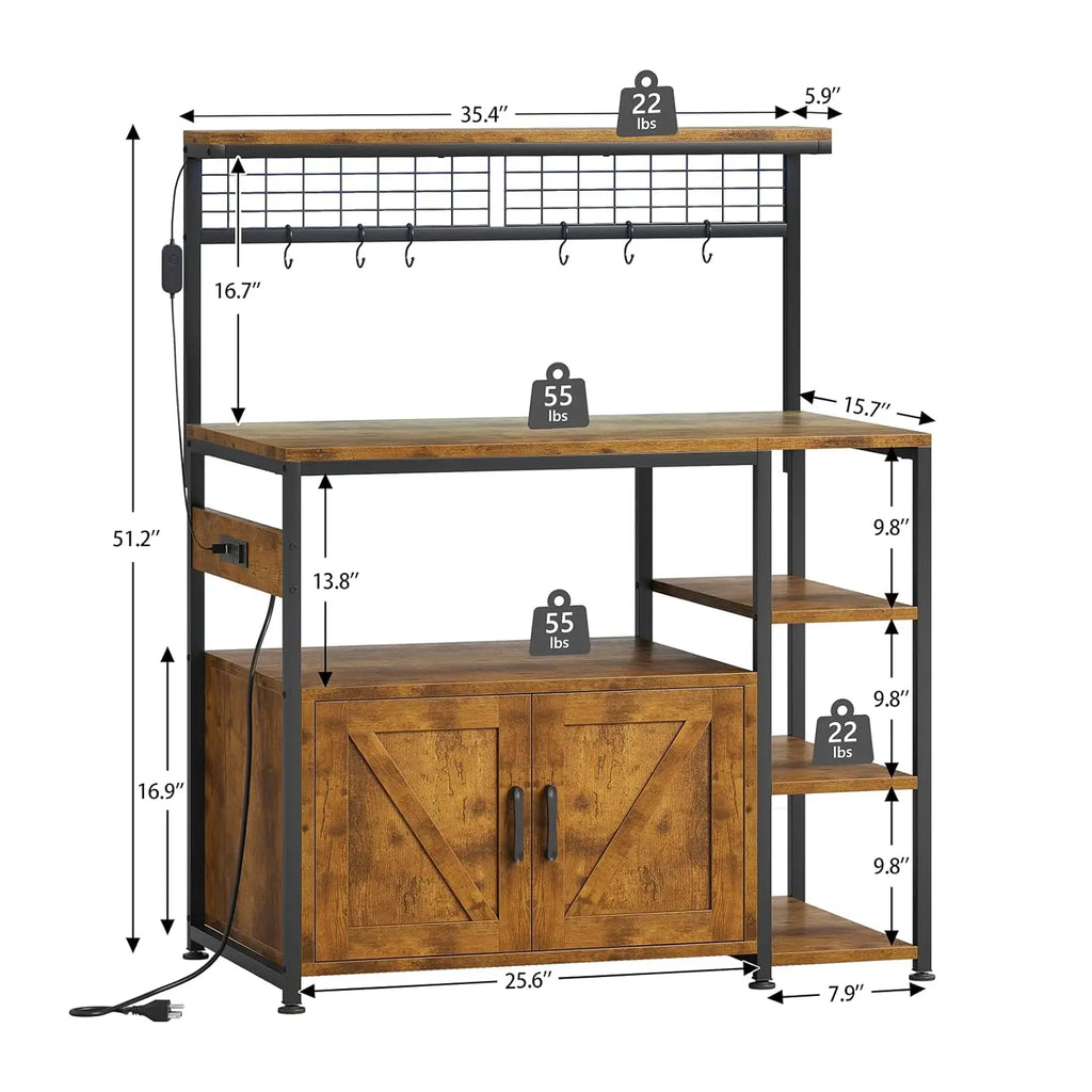 Bakers Rack with Power Outlet and LED Light, Microwave Stand with Storage Cabinet, Coffee Bar Cabinet Station, Customized