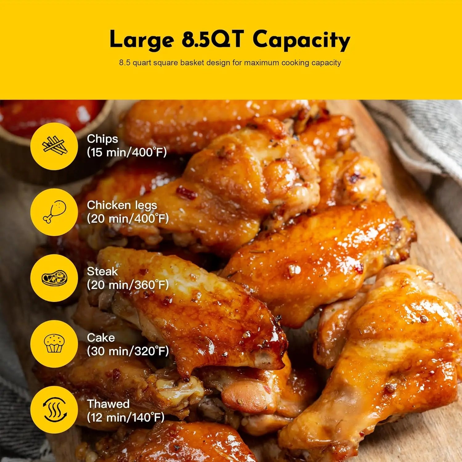 8.5QT Air Fryer, Upgraded Family Size Capacity, Visual Window, Square Basket Dials Stainless Steel Air Fryers, Reheat Leftovers,