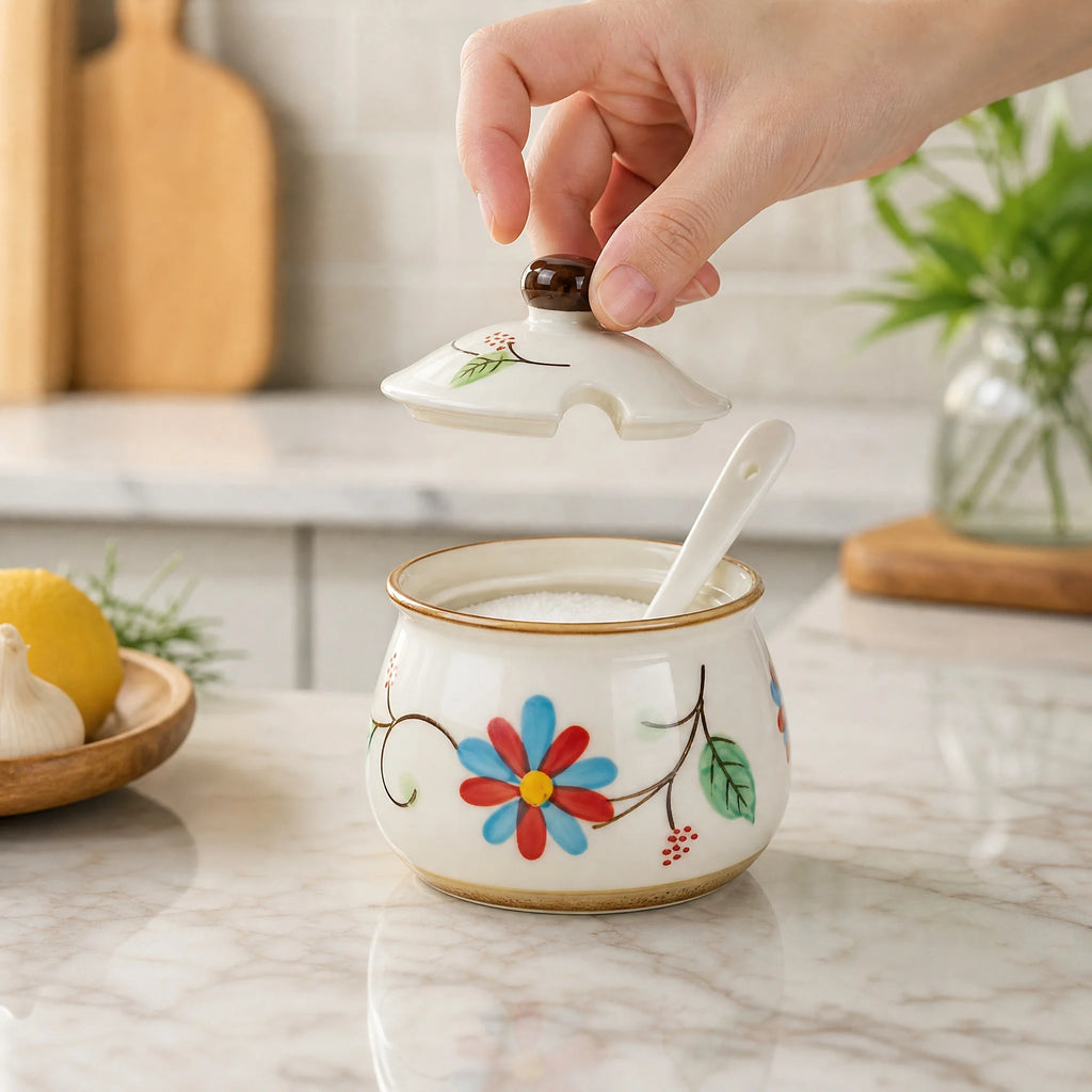3-Piece Ceramic Spice Jar Set with Tray, Hand-Painted Japanese Vintage Seasoning Jars, Large Capacity 330ml Kitchen Storage Containers with Spoons, Non-Slip Base - Lovies Kitchenwares