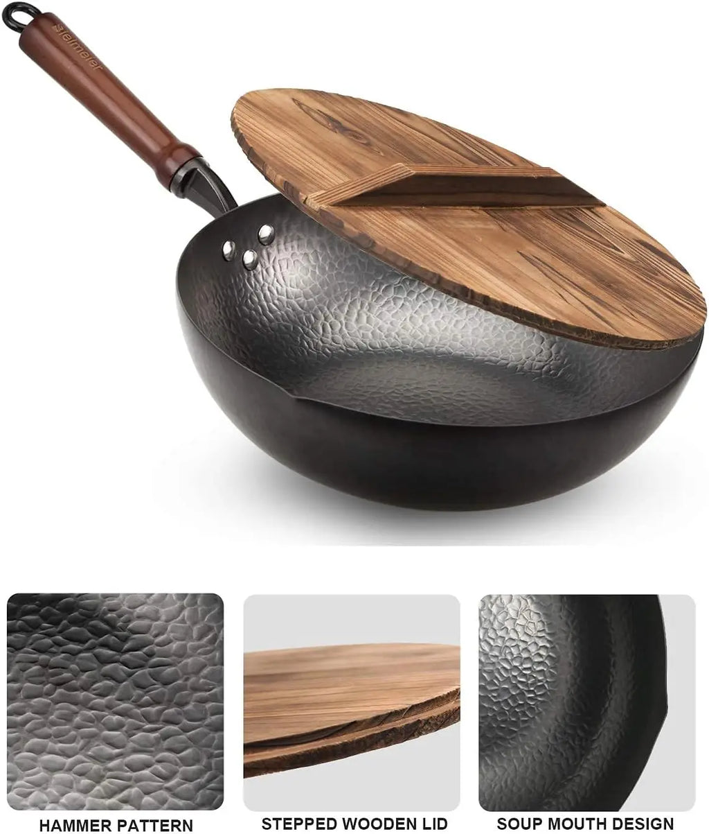 12.5" Carbon Steel Wok Pan with Lid, Flat Bottom for All Stoves, Stir Fry Cookware Accessories
