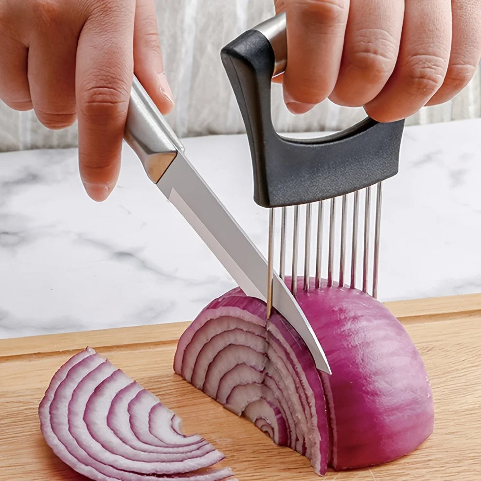1pc Stainless Steel Multi-Purpose Onion Slicer Holder & Meat Tenderizers With Full Grip Handle
