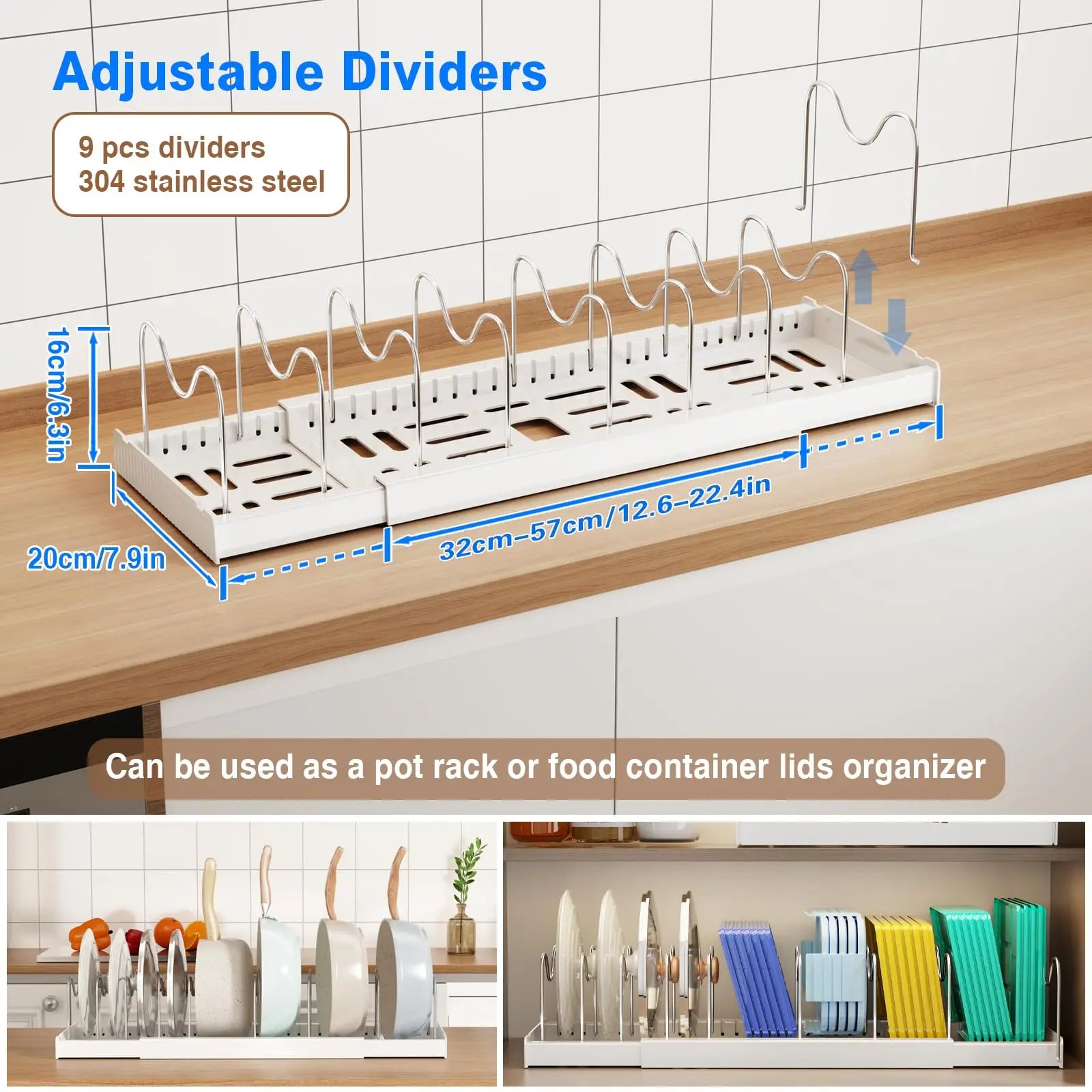 2 Pack 22'' Expandable Pot And Pan Organizer with 9 Adjustable Dividers