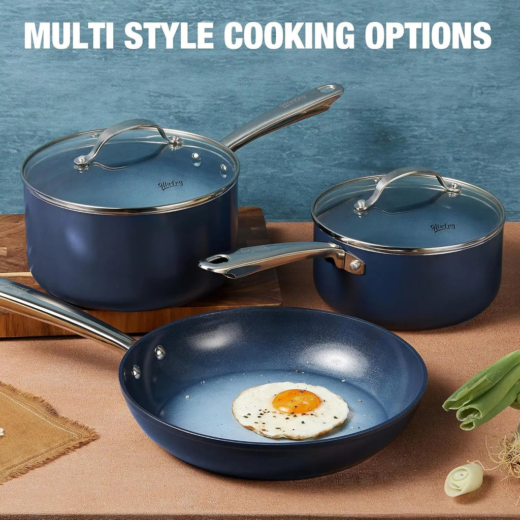 Nonstick Saucepan Set with Lids, 1+2+3QT Pot Set with Ceramic Nonstick Coating, Less Oil and Easy to Clean