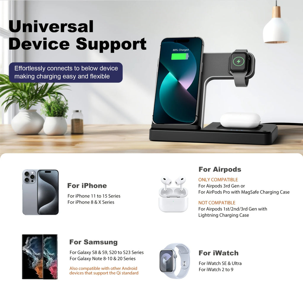 3 In 1 Magnetic Wireless Charger Stand 15W Fast Charging Dock Station Multiple Devices for iPhone