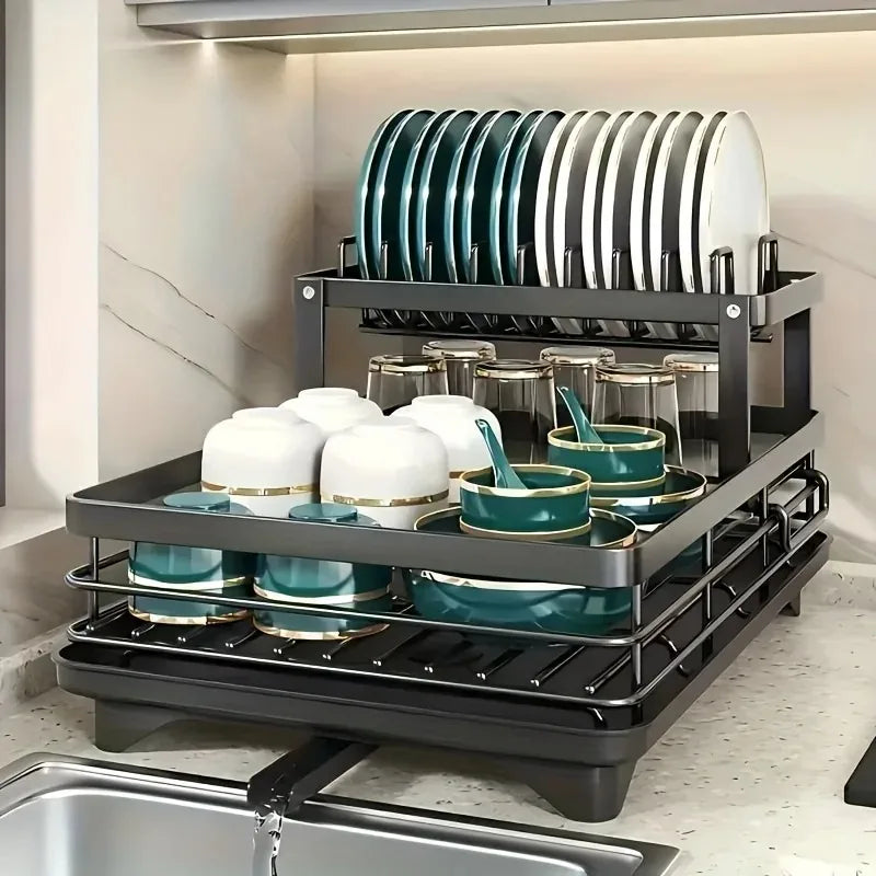 Double-Tier Extendable Dish Drainer With Large-Capacity Utensil Rack & Draining Board for Kitchen Worktops