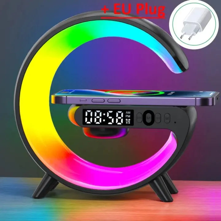 Multifunction Mini Wireless Charger Stand & Docking Station  Red, Green, & Blue Light Alarm Clock Speaker