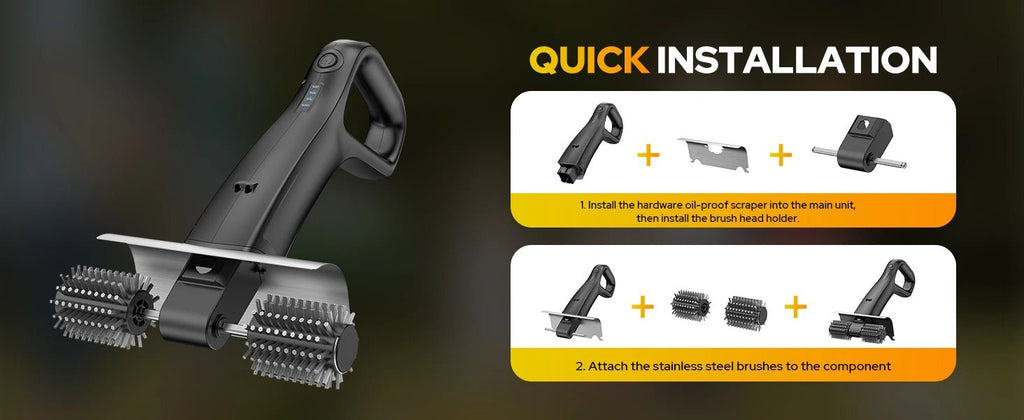 2026 Electric Grill Brush with 2 Brush Heads, 800RPM 25kgf High Torque BBQ Cleaner, 3500mAh Battery, 180 Mins Long Runtime, Extended Handle, Works as Grill Scraper for Tough Grease - Lovies Kitchenwares