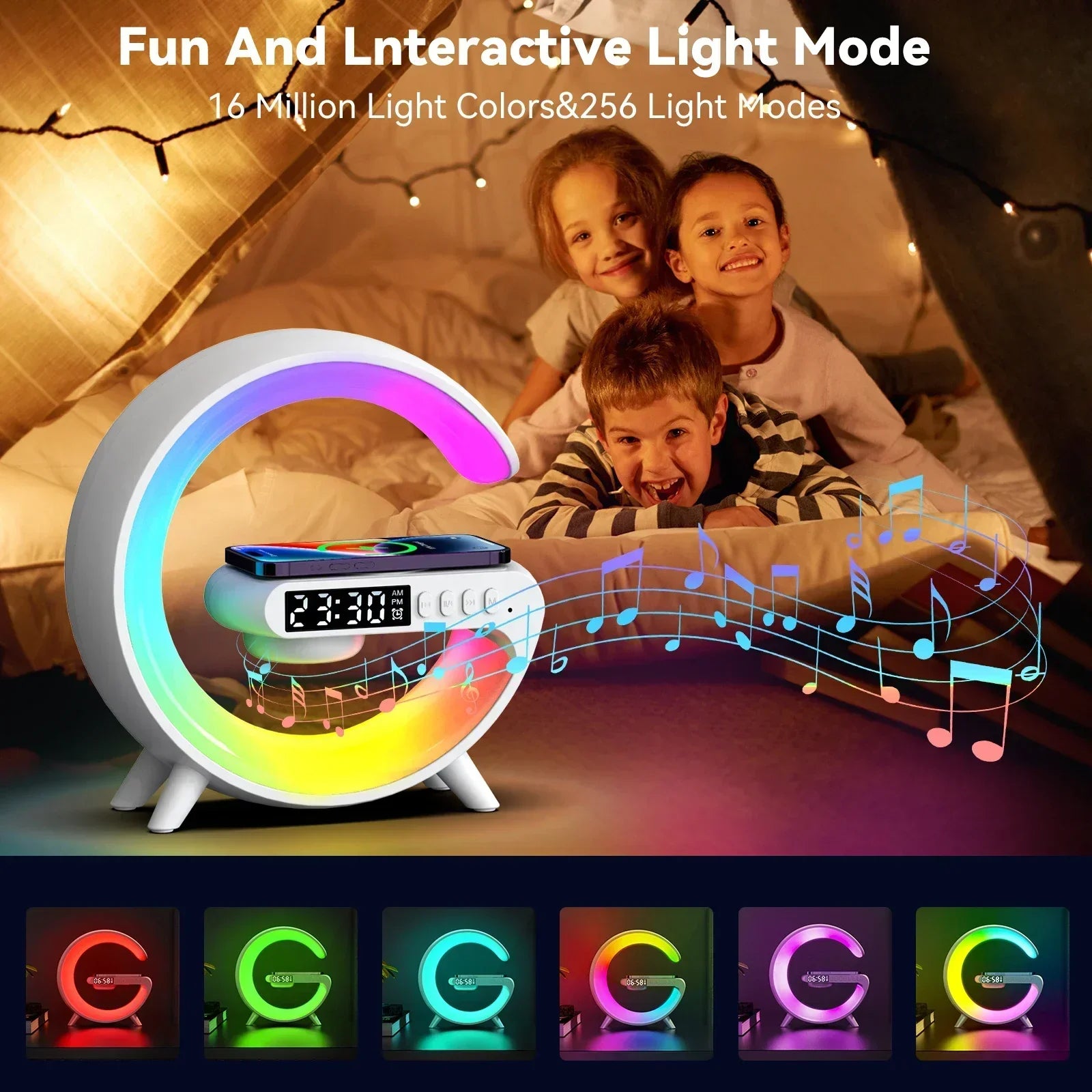 Multifunction Mini Wireless Charger Stand & Docking Station  Red, Green, & Blue Light Alarm Clock Speaker