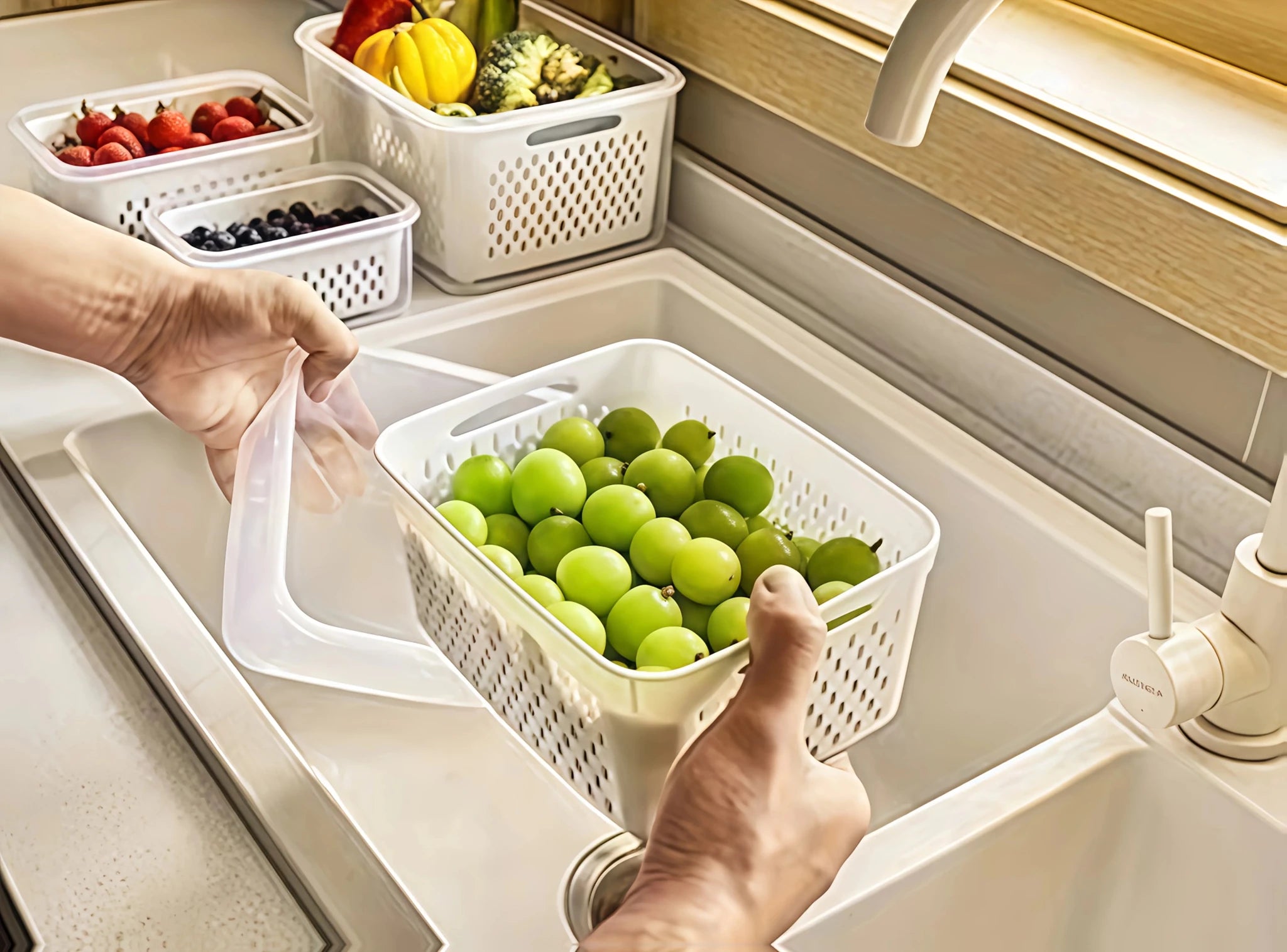 9Pcs/set Fruit and Vegetable Storage Containers for Fridge with Removable Colander, All-In-One Fruit Washing Bowl with Strainer - Lovies Kitchenwares