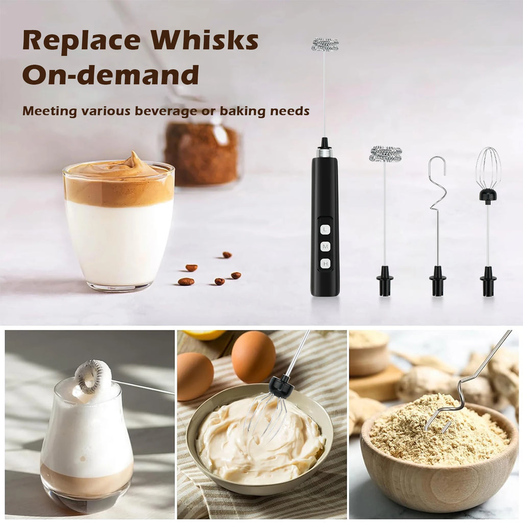 Electric Milk Frother - 3 Speeds, Handheld Foam Maker for Latte, Cappuccino, Hot Chocolate - USB Rechargeable
