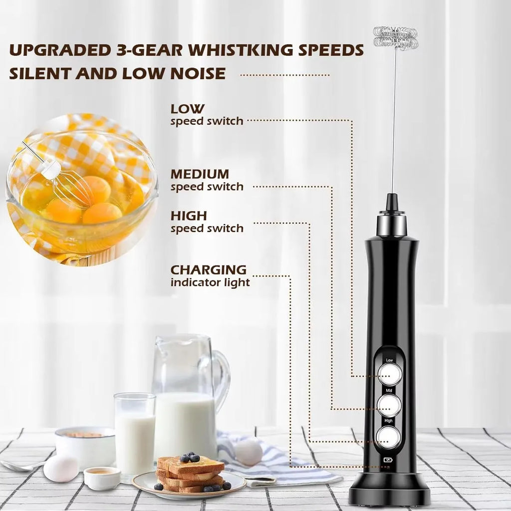 Electric Milk Frother - 3 Speeds, Handheld Foam Maker for Latte, Cappuccino, Hot Chocolate - USB Rechargeable