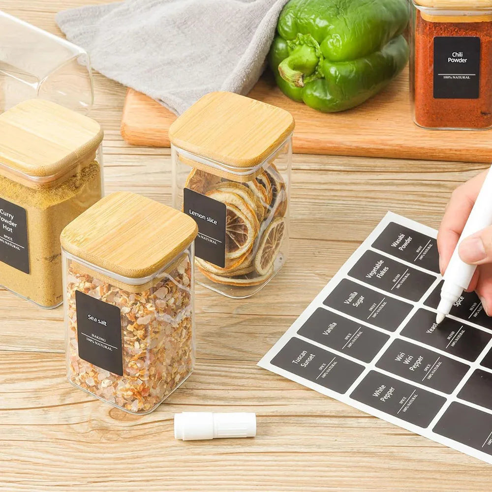 8oz Airtight Favorite Spice Glass Jars with Bamboo Lid & Black Labels